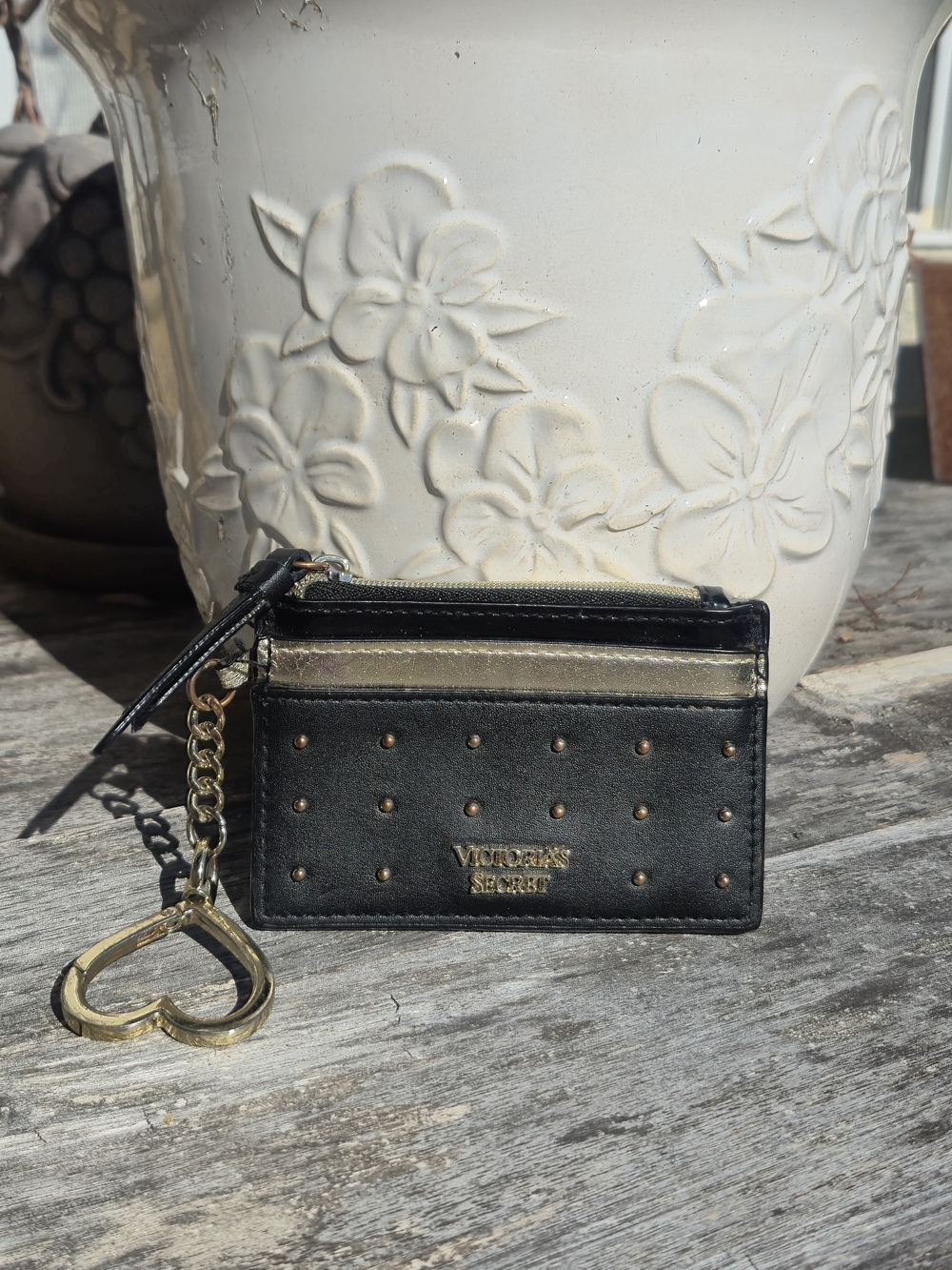 Victoria's Secret Black & Gold Studded Card Case with Heart Keychain